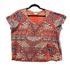 Lucky Brand Boho Print T Shirt Womens 1X Rust Red Short Sleeve Cotton